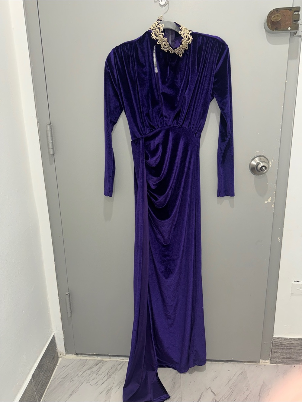NEW Long Sleeve Velvet Evening Gown in Deep Purple